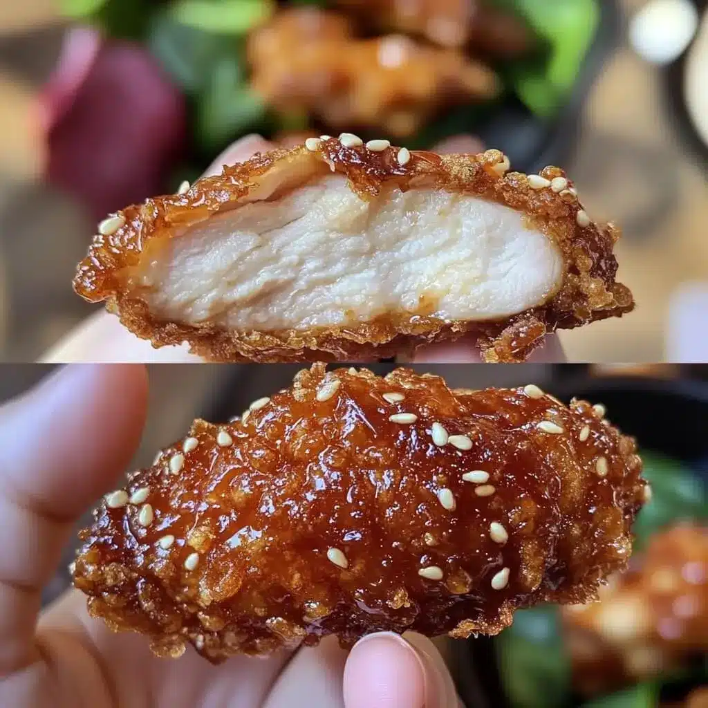 This cross-section of Yangnyeom chicken reveals a crispy sesame-coated glaze and tender, juicy meat inside. Close-up of crispy Yangnyeom chicken with a juicy interior and sesame seeds on the glaze