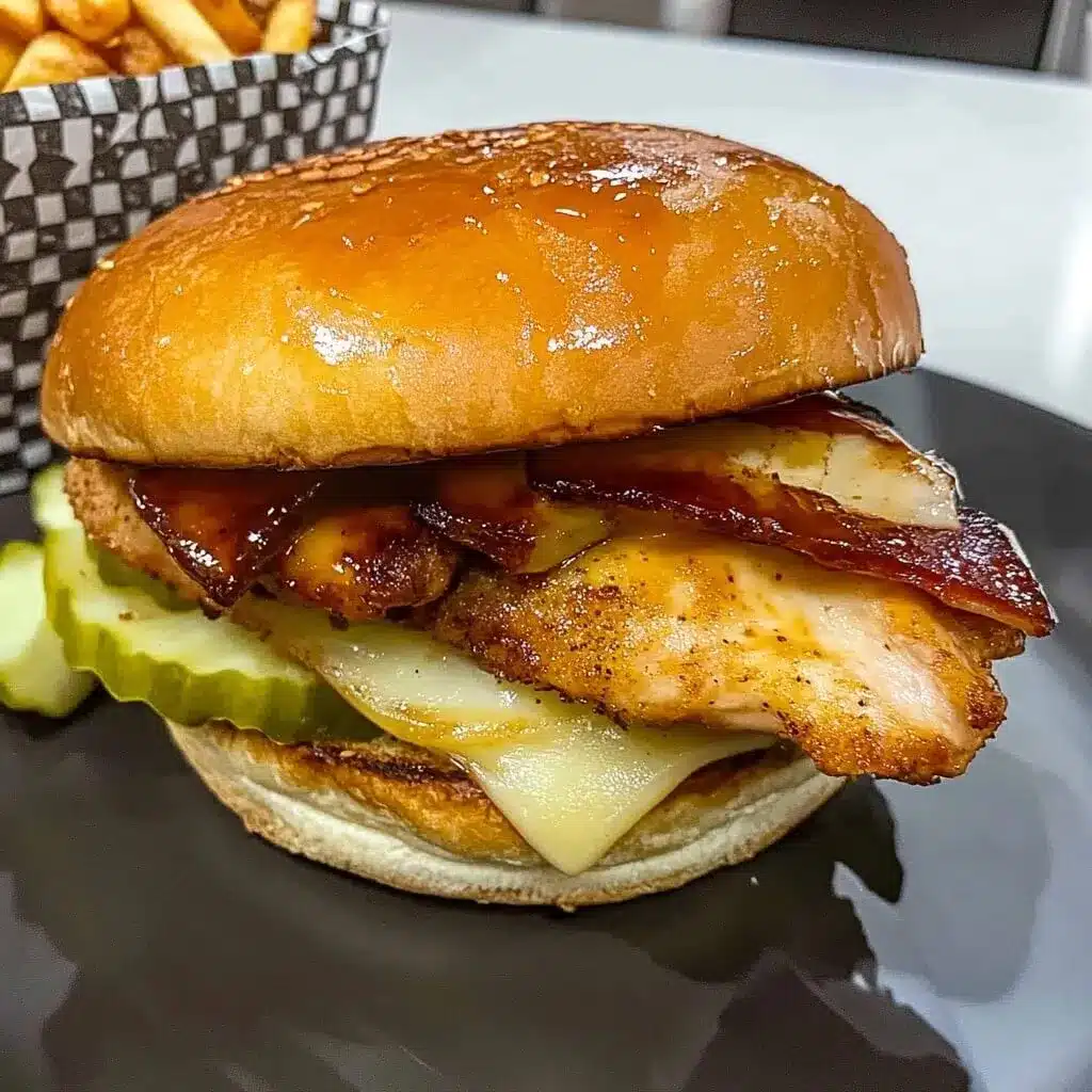 Sweet heat meets smoky crunch—this hot honey chicken sandwich comes loaded with bacon and cheese. Hot honey chicken sandwich with bacon, melted cheese, and pickles served on a soft bun