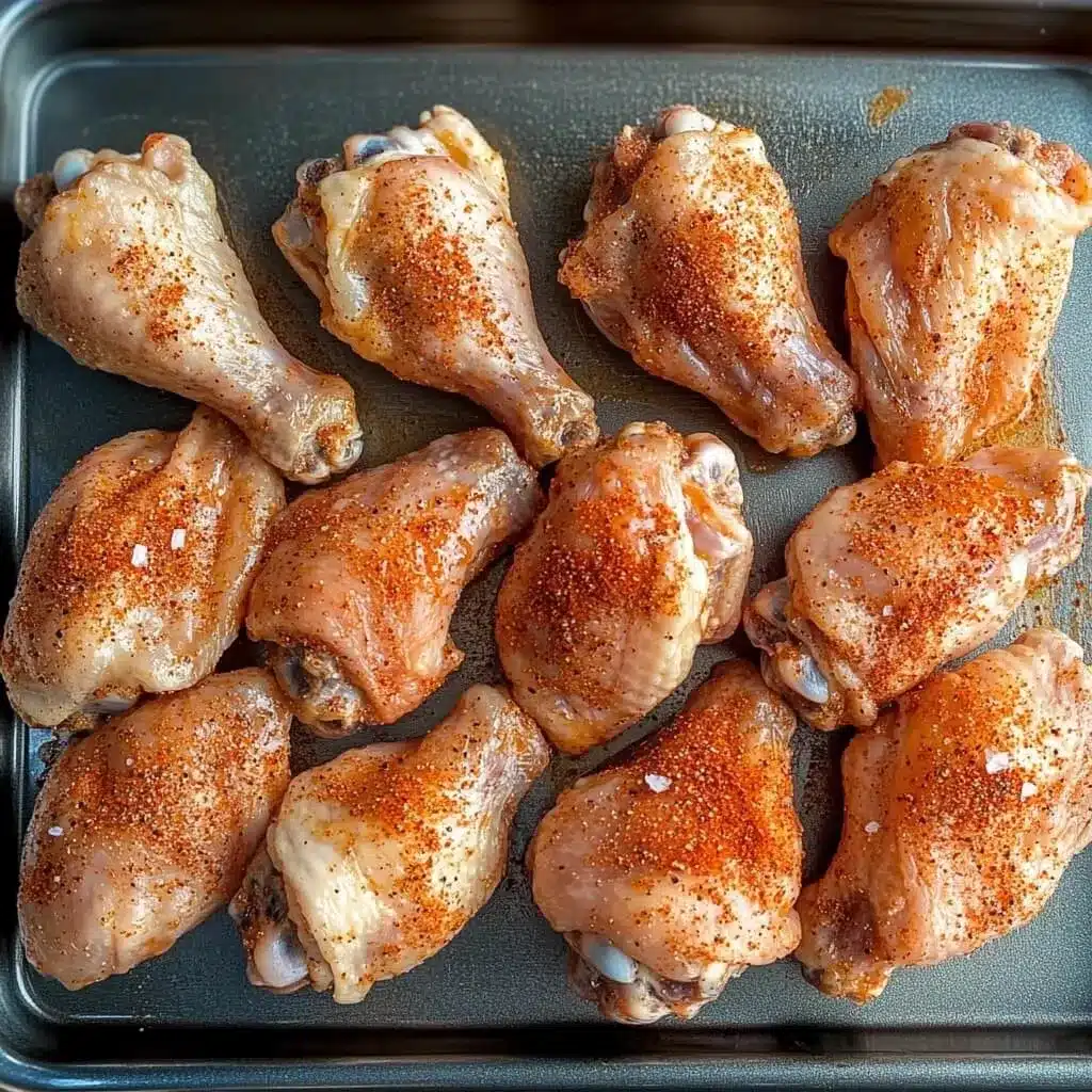 These drumsticks are seasoned and ready to become crispy Yangnyeom chicken straight from the fryer. Raw chicken drumsticks seasoned with Korean spices on a tray before frying