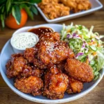 Bowl of Yangnyeom chicken with sesame seeds, dipping sauces, and fresh coleslaw