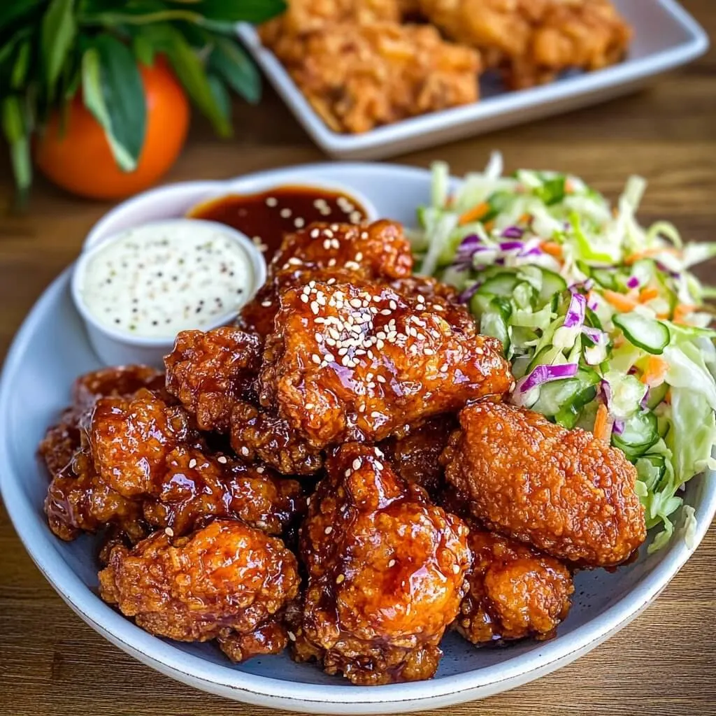 Flavor-packed Yangnyeom chicken served with coleslaw and sauces for the perfect balance of heat and crunch. Bowl of Yangnyeom chicken with sesame seeds, dipping sauces, and fresh coleslaw