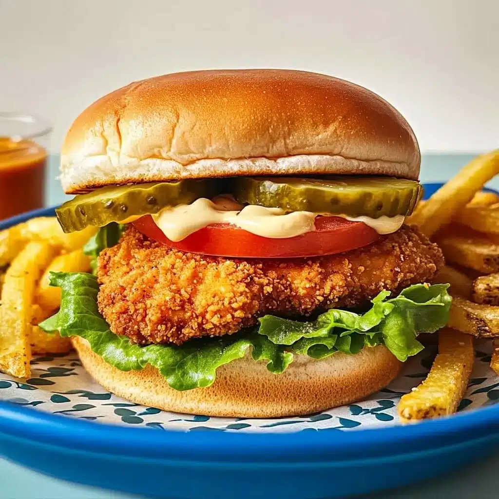 This chicken patty sandwich is stacked with crisp lettuce, juicy tomato, dill pickles, and creamy mayo on a fluffy bun. Crispy chicken patty sandwich with lettuce, tomato, pickles, and mayo served with fries