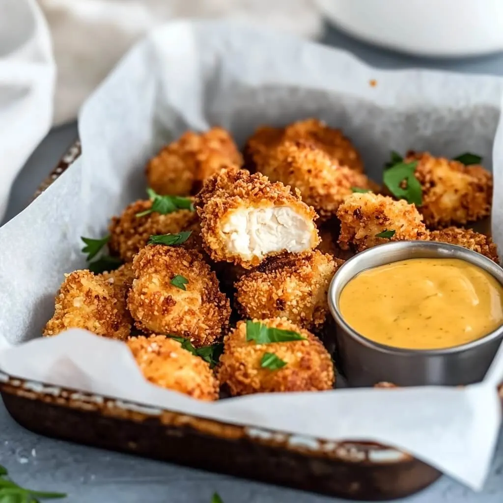 Golden brown and oven-baked, these crispy chicken nuggets are deliciously tender and perfect with mustard dip. Basket of crispy chicken nuggets with a bite showing juicy white meat inside