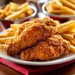 Crispy Crown Fried Chicken tenders served with golden French fries on a white plate