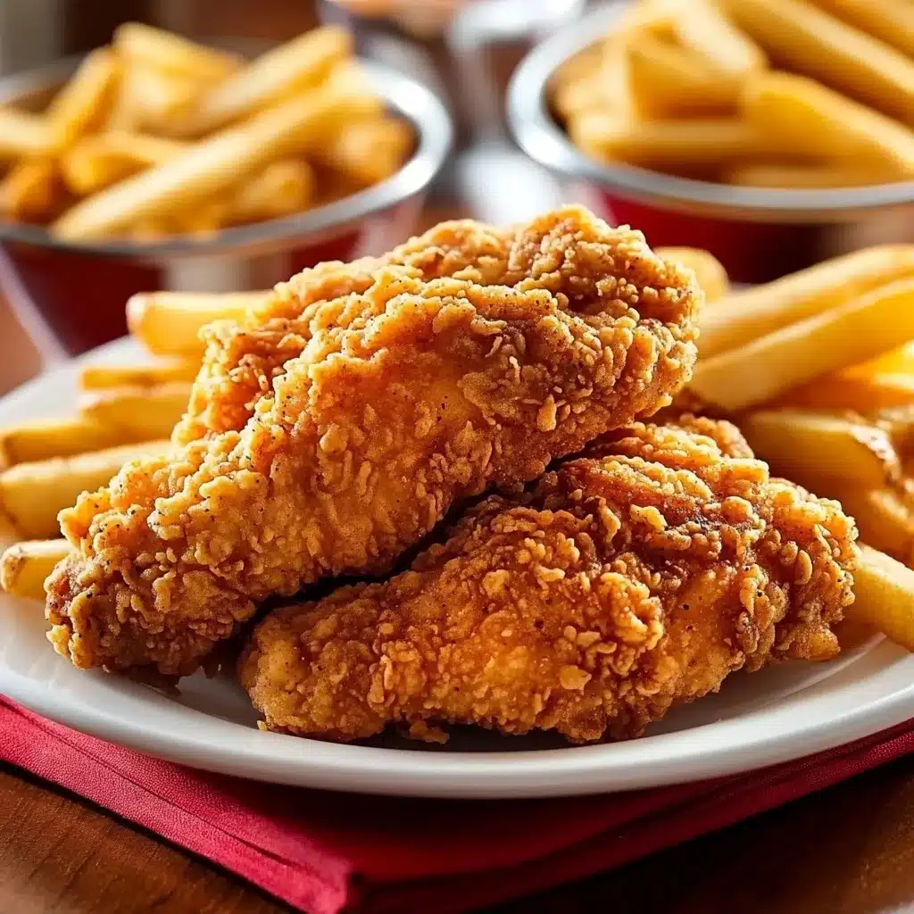 Best Crown Fried Chicken with Crispy Fries Crispy Crown Fried Chicken tenders served with golden French fries on a white plate