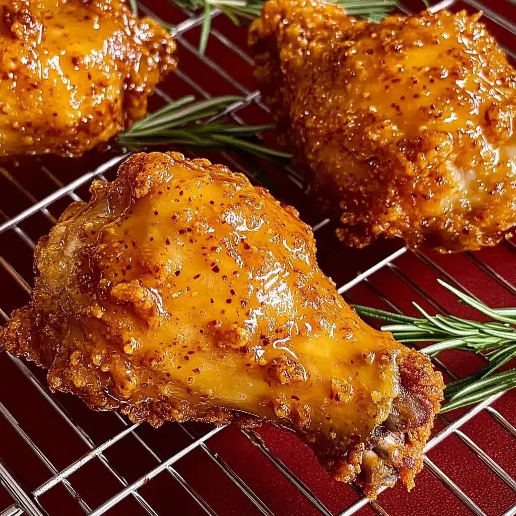 Golden crispy honey butter fried chicken thigh resting on a wire rack with fresh rosemary