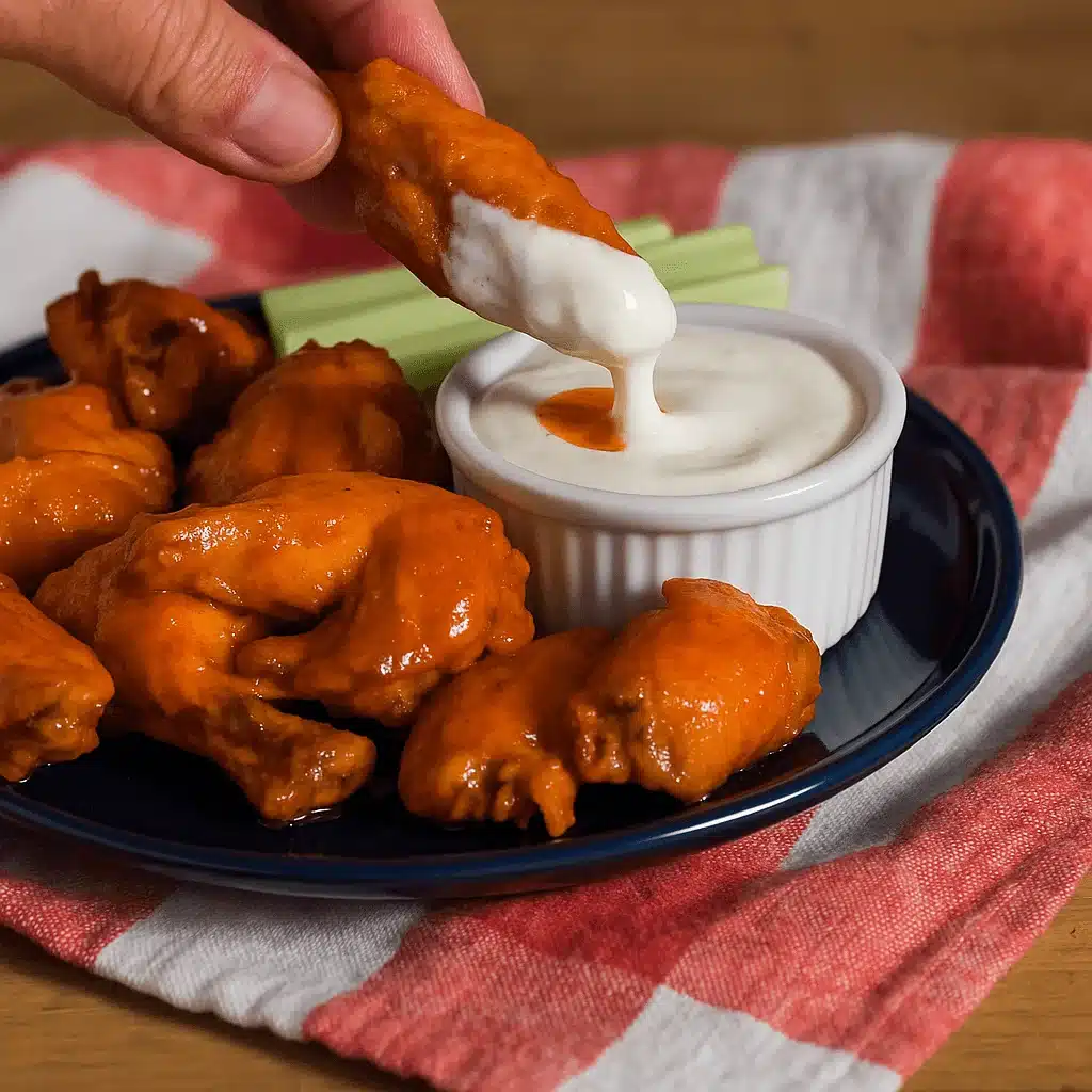 These juicy sous vide chicken wings are tossed in buffalo sauce and perfect for dipping. Hand dipping a saucy sous vide chicken wing into ranch dressing