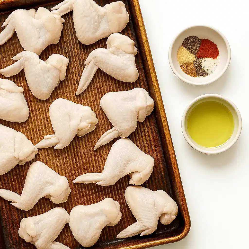 Fresh whole chicken wings arranged for seasoning with olive oil and a blend of spices. Raw whole chicken wings on a baking sheet with bowls of olive oil and spices