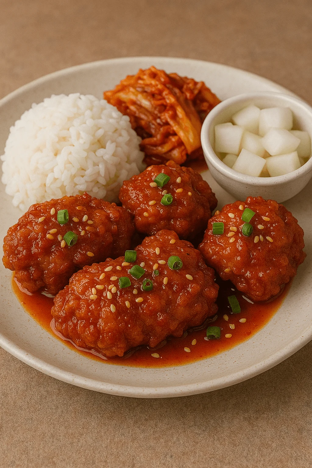 Asian-style boneless fried chicken served with sesame seeds and scallions