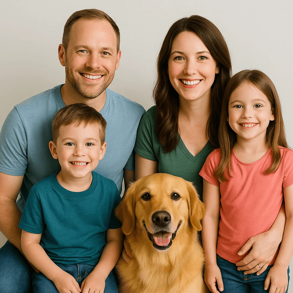 brooklyn-family-easy-protein-kitchen Brooklyn Taylor smiling with her husband and two kids in a sunny park.