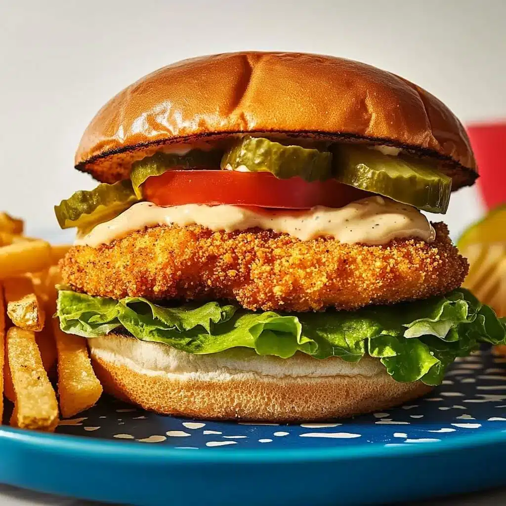 A flavorful chicken patty sandwich loaded with layers of fresh veggies and a zesty mayo kick. Close-up of chicken patty sandwich with pickles, lettuce, tomato, and spicy mayo on a toasted bun