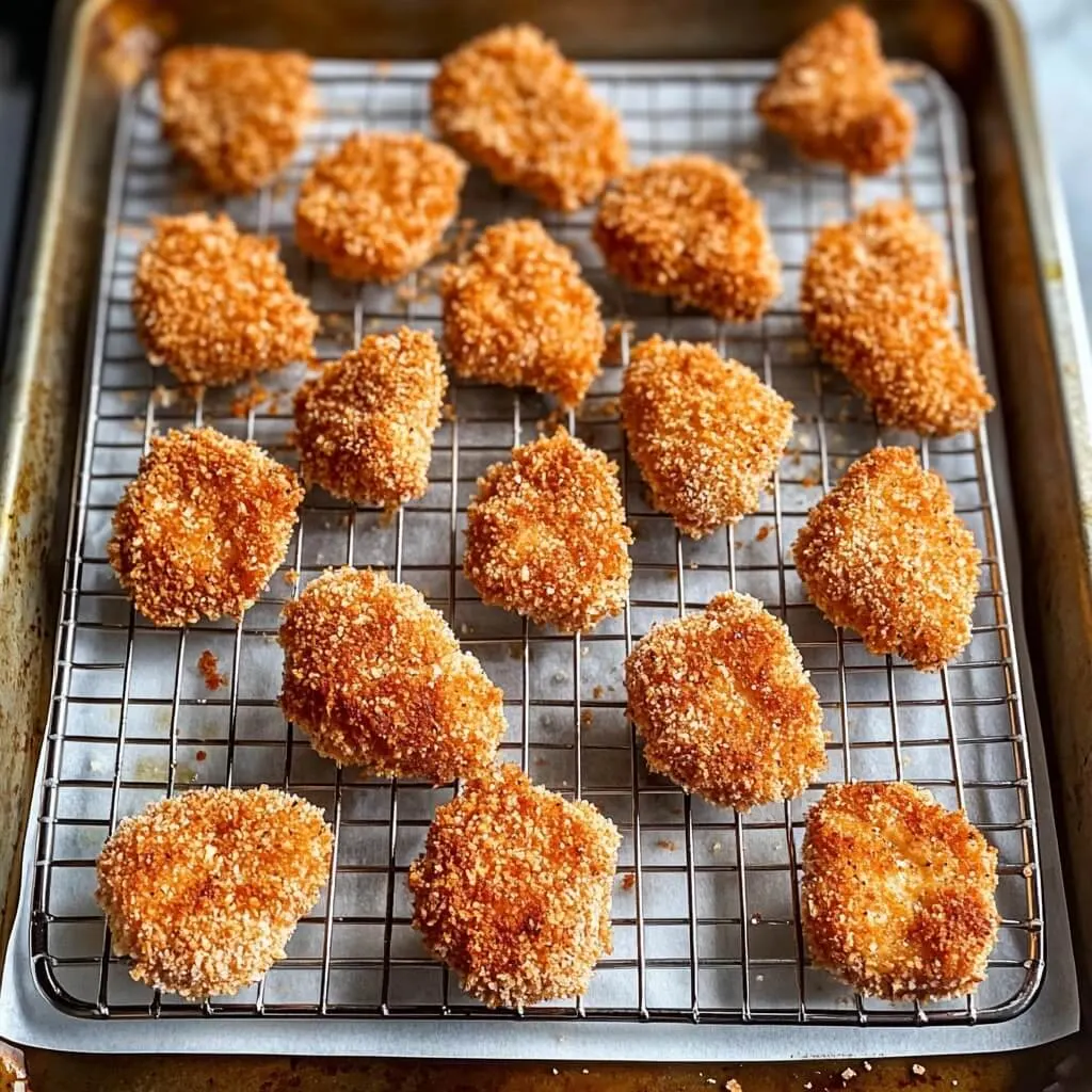 Fresh from the oven, these crispy chicken nuggets are perfectly golden and ready to serve. Homemade crispy chicken nuggets on a wire rack fresh from the oven