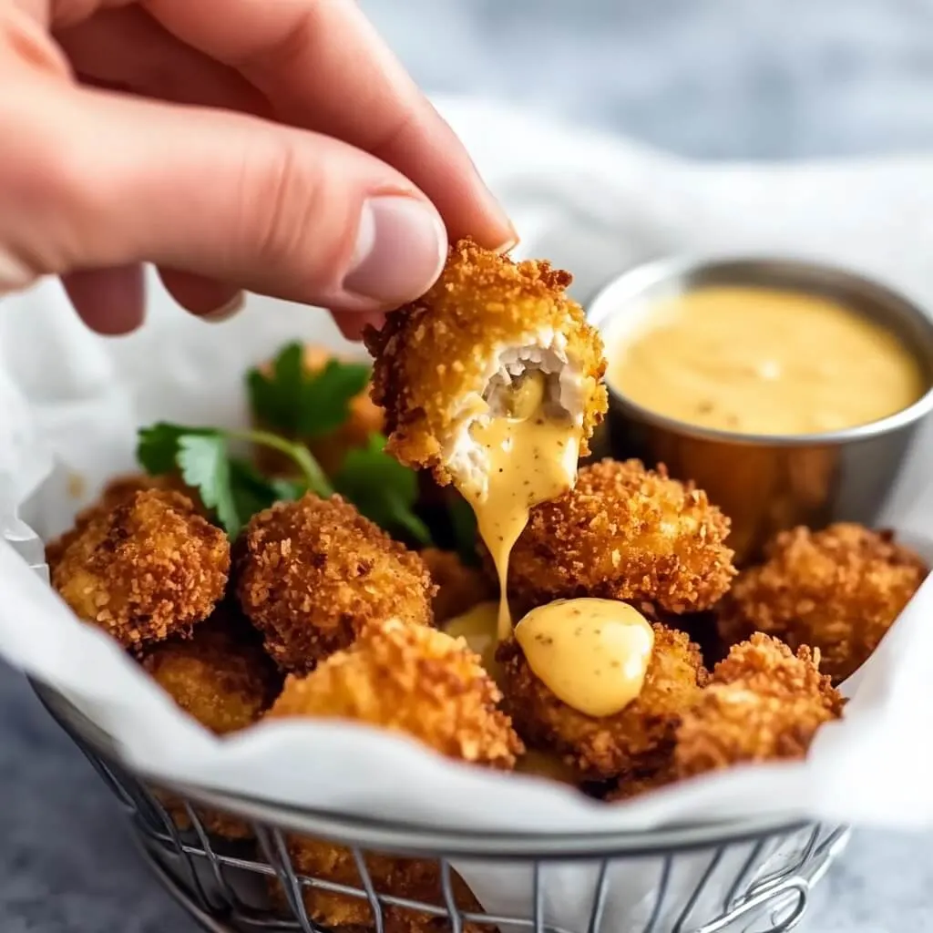 Crunchy on the outside, juicy on the inside—these crispy chicken nuggets are made for dipping. Hand holding a crispy chicken nugget dipped in honey mustard sauce