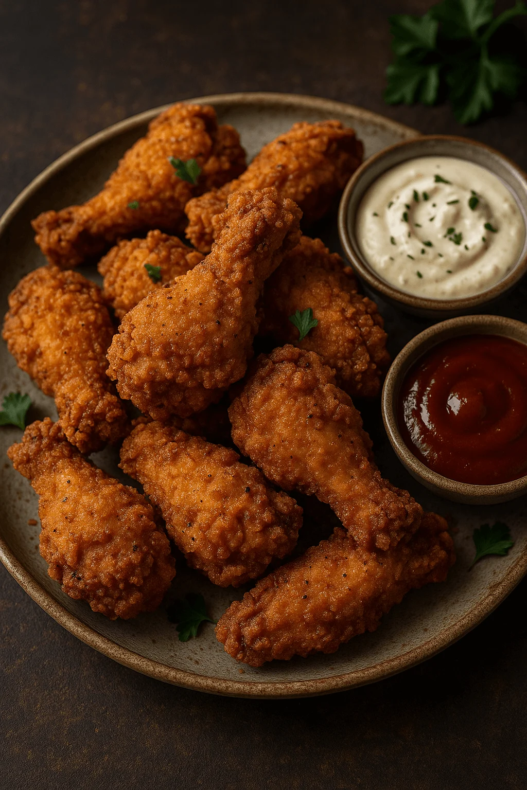 Fried chicken wings with a crispy coating, ready to serve