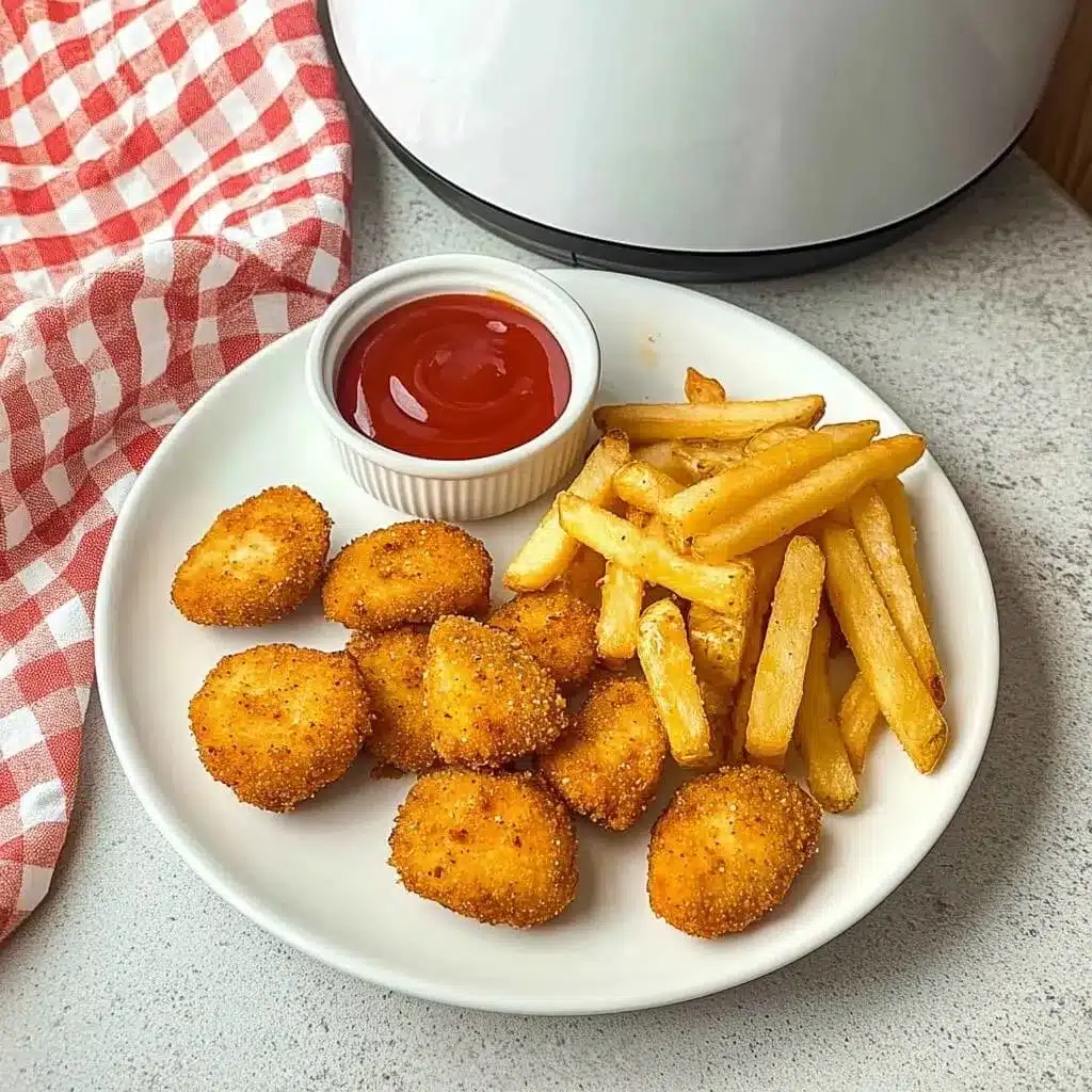 Crispy Chicken Nuggets and Fries with Ketchup – Easy Air Fryer Snack Idea Plate of crispy chicken nuggets and golden French fries served with ketchup on a white dish beside a red checkered towel.