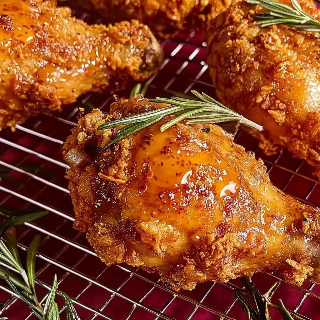 Close-up of crispy honey butter fried chicken drumsticks with rosemary garnish on a wire rack