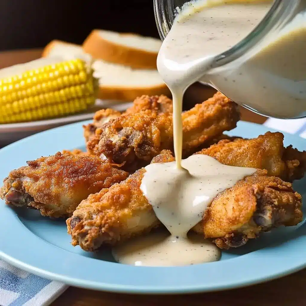 Crispy Maryland fried chicken wings on a blue plate being topped with creamy white gravy