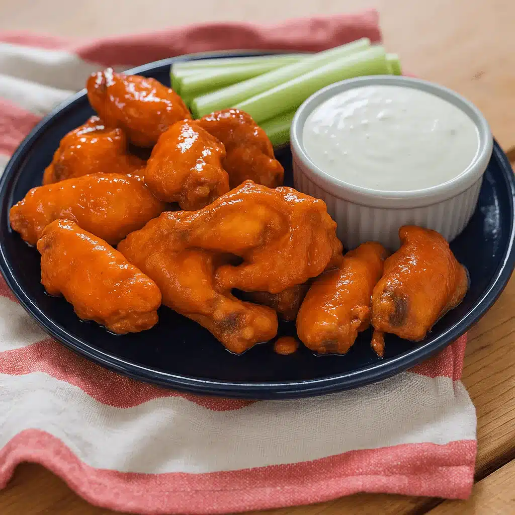 Sous vide chicken wings coated in spicy buffalo sauce served with ranch dressing and crisp celery. Plate of buffalo-style sous vide chicken wings served with ranch and celery