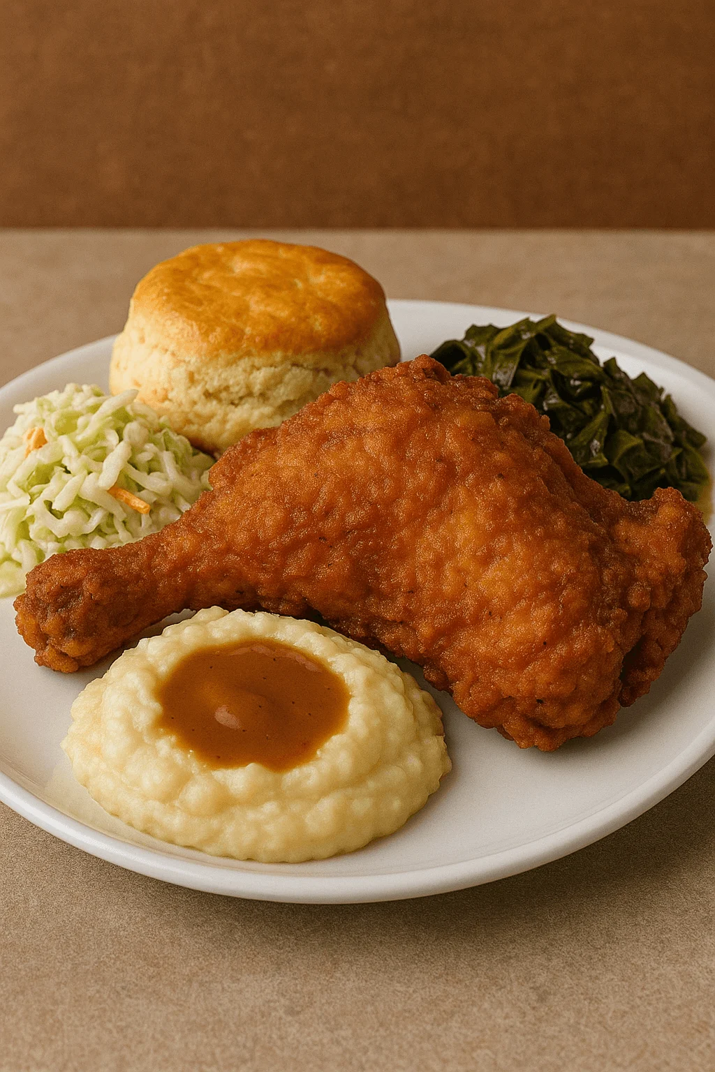 Southern style fried chicken with golden crispy skin served on a wooden plate