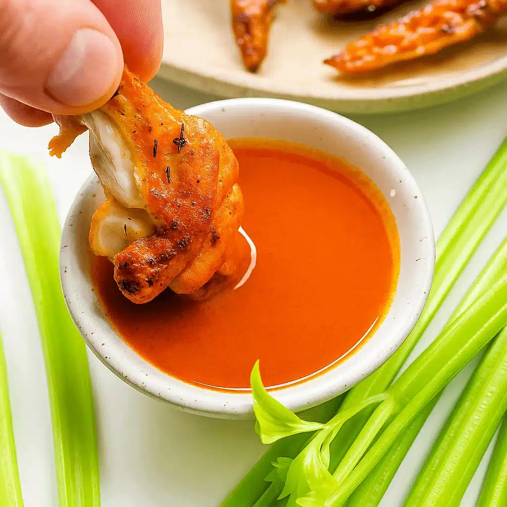 Spicy buffalo whole chicken wing meets cool celery sticks—a classic combo. Fried whole chicken wing being dipped in buffalo sauce with celery on the side