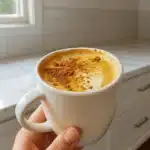 Hand holding a cup of turmeric coffee with cinnamon on top – Coffee Loophole Recipe
