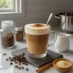 Frothy coffee topped with cinnamon next to coffee beans and star anise – Coffee Loophole Recipe