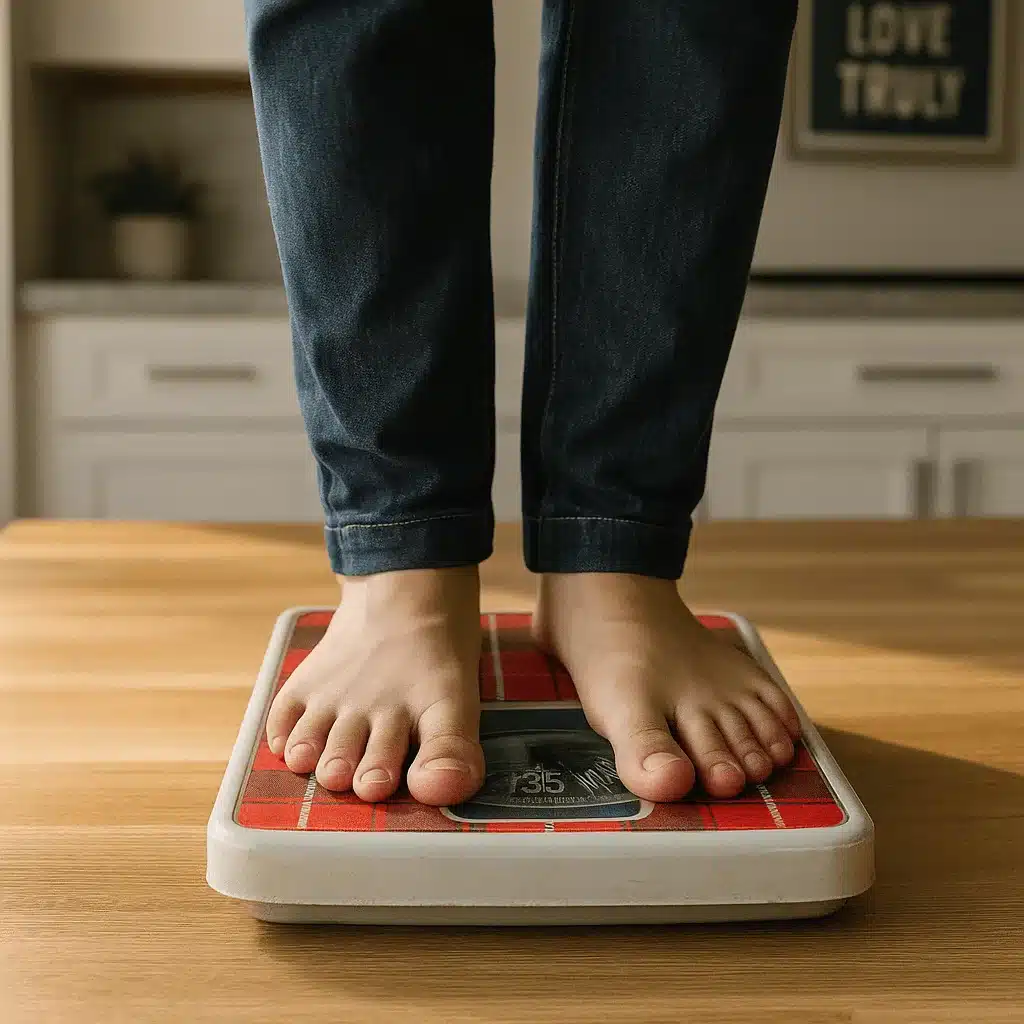 The coffee loophole recipe helped this individual kickstart their weight loss journey with visible results. Person standing on red bathroom scale in a kitchen – Coffee Loophole Recipe weight tracking