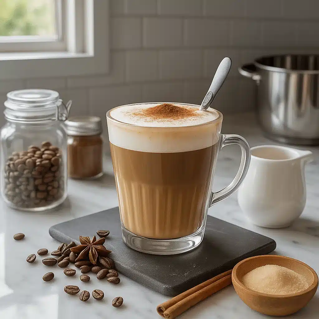 A cozy cup of coffee made with the secret loophole recipe that supports weight loss naturally. Frothy coffee topped with cinnamon next to coffee beans and star anise – Coffee Loophole Recipe