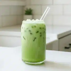 Refreshing Grande Matcha Latte in a glass with straw on white kitchen counter