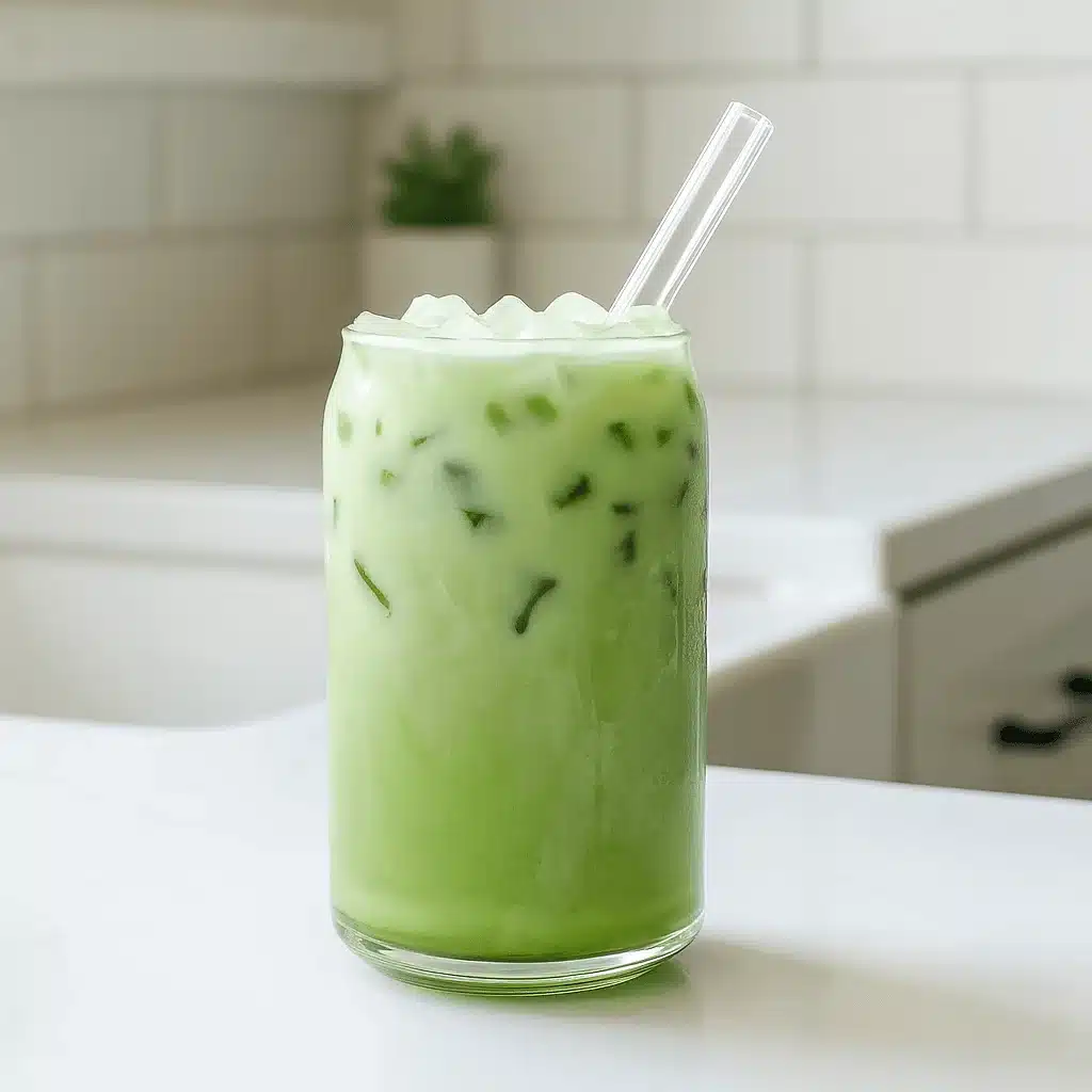 Cool down with this creamy Iced Matcha Latte, perfect for a clean energy boost. Refreshing Iced Matcha Latte in a glass with straw on white kitchen counter