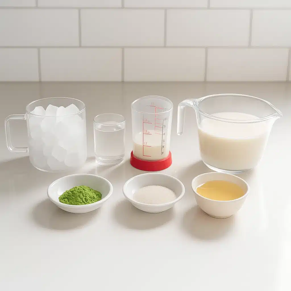 Simple ingredients for the perfect homemade Iced Matcha Latte recipe. Ingredients for homemade Iced Matcha Latte including matcha powder, milk, and sweetener