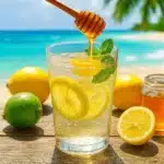 Refreshing natural Mounjaro recipe with honey, lemon, and mint in a glass by the beach