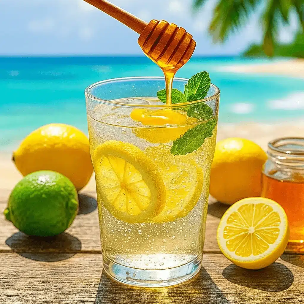This vibrant glass of lemon honey detox is a key part of the Natural Mounjaro Recipe, perfect for a tropical refresh. Refreshing natural Mounjaro recipe with honey, lemon, and mint in a glass by the beach