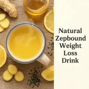 Glass mug of warm yellow Zepbound drink on a wooden board, with ginger root, turmeric, and cinnamon in a bright kitchen setting