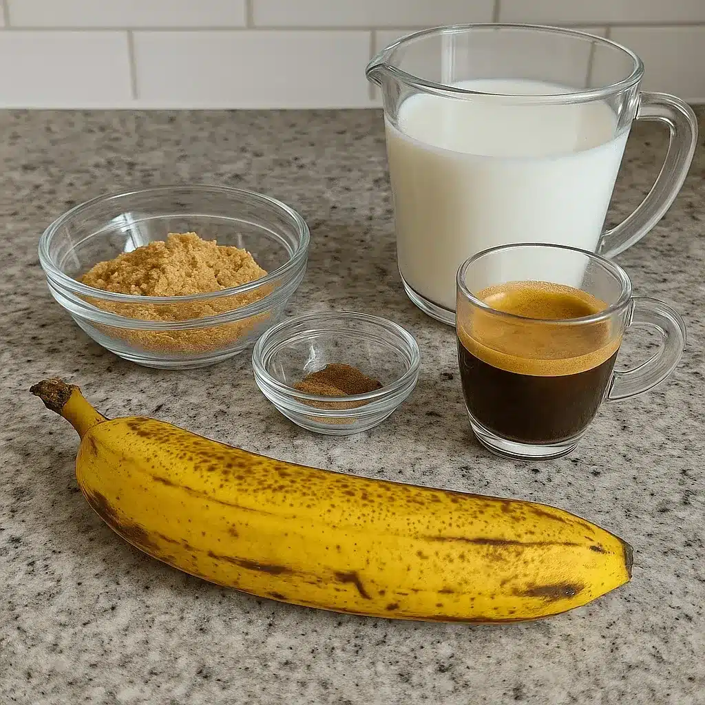 banana bread latte recipe ingredients on counter