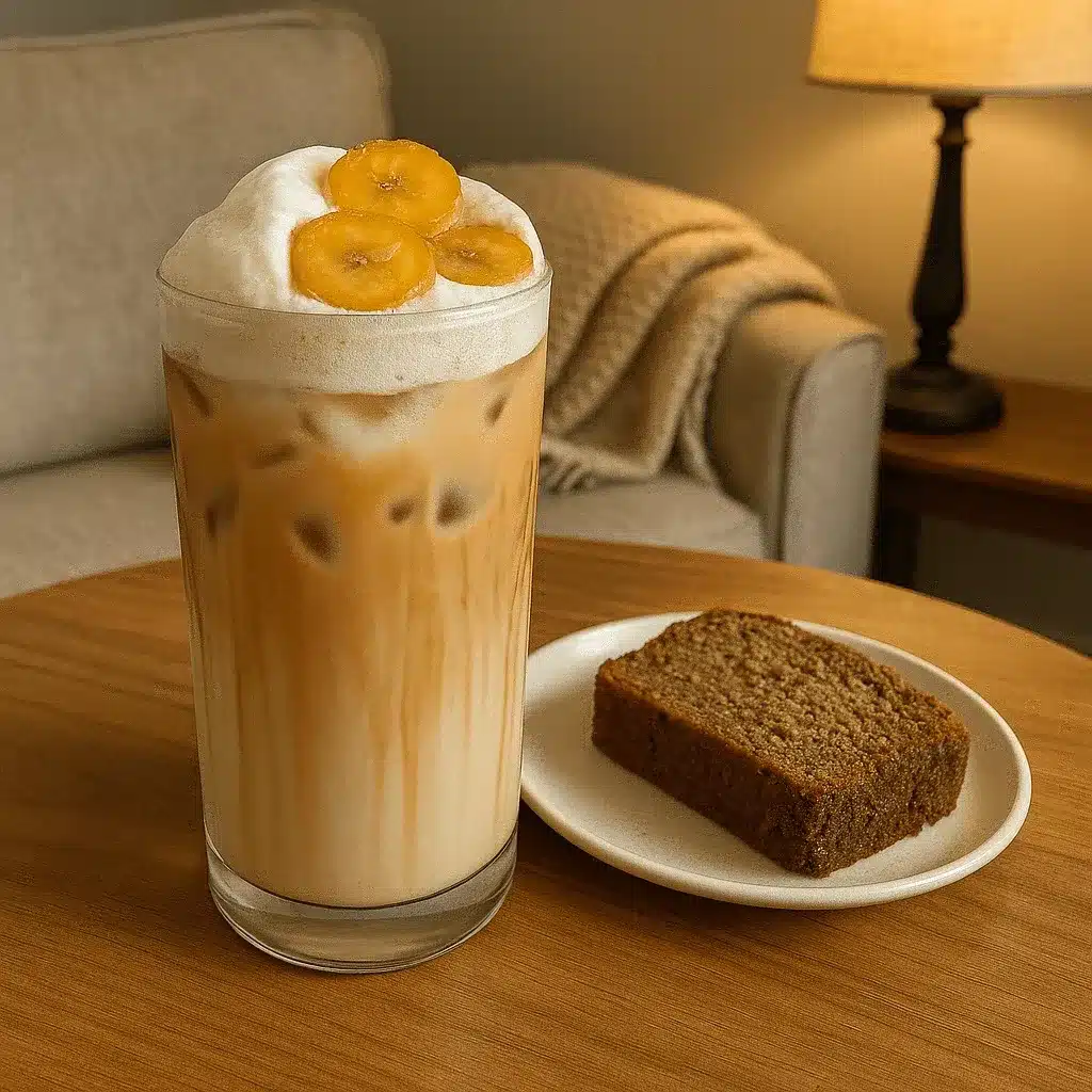banana bread latte with slice of banana bread