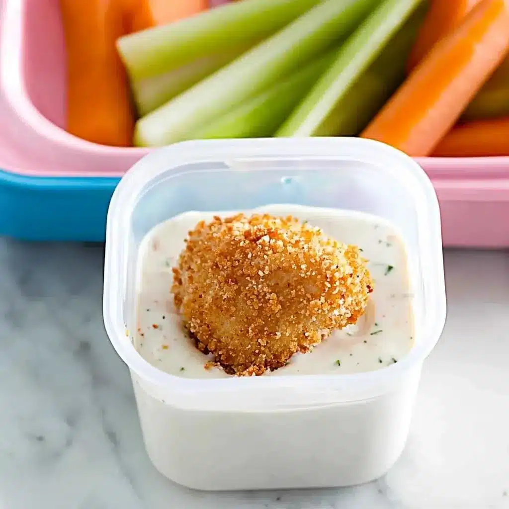A fun and mess-free chicken nugget lunchable with creamy ranch and crunchy veggies for dipping. Crispy chicken nugget dipped in ranch dressing next to a veggie-packed lunchbox