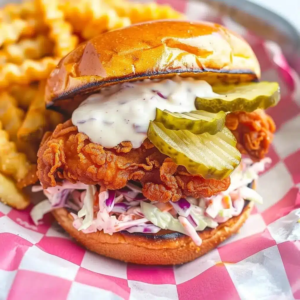 This fiery Nashville hot chicken sandwich is topped with creamy slaw, pickles, and served with golden crinkle fries. Nashville hot chicken sandwich with crispy chicken, creamy slaw, pickles, and crinkle fries