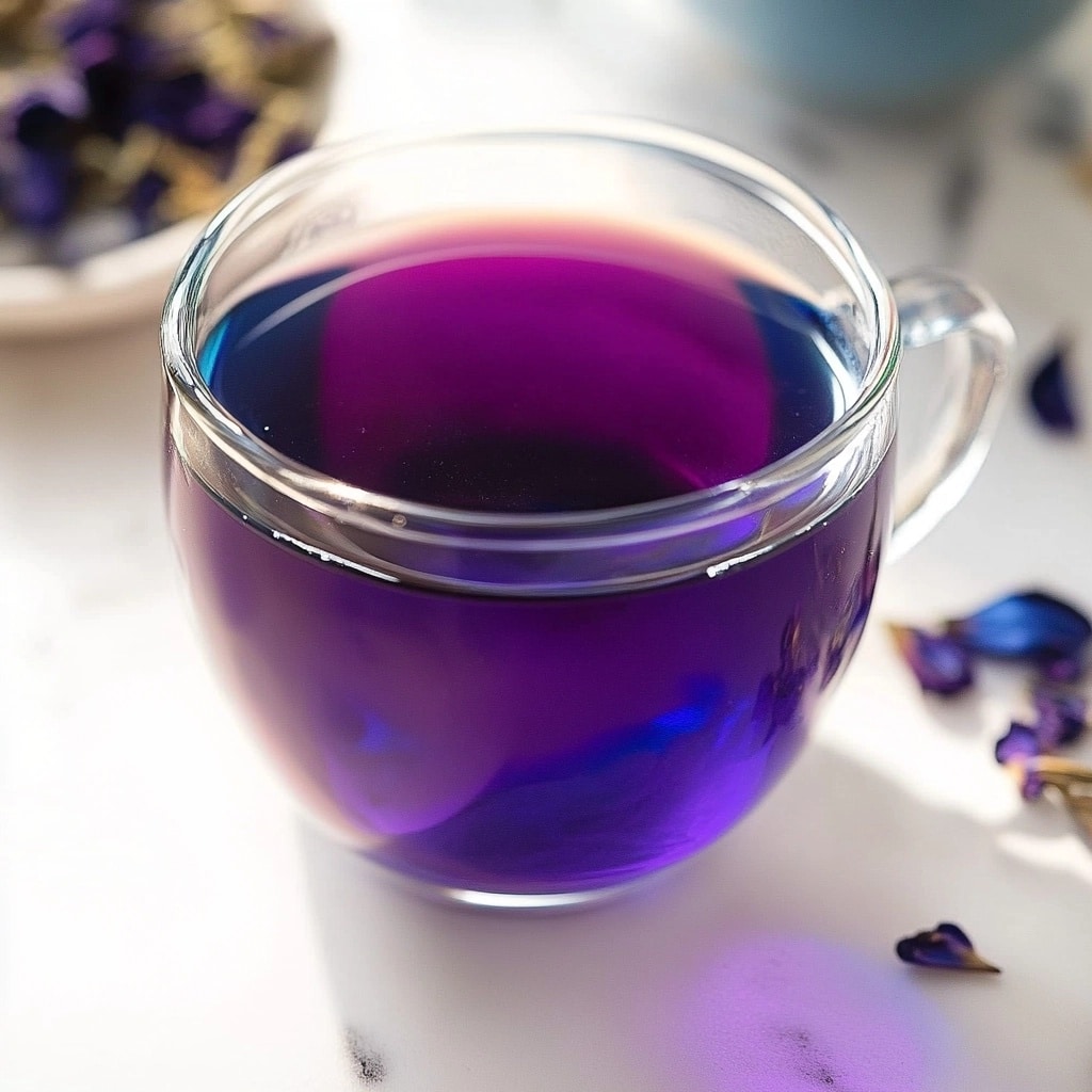Naturally caffeine-free, this butterfly pea flower tea is the showstopper in any Brazilian Mounjaro recipe. Vibrant purple butterfly pea flower tea served in a glass mug on a white marble background