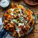 Loaded buffalo chicken fries topped with ranch dressing, shredded chicken, and chives