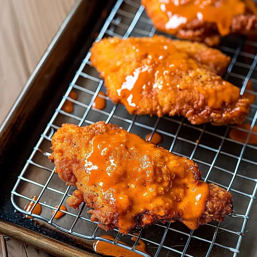 These hot and crispy buffalo chicken tenders are perfect for topping fries or making wraps. Crispy buffalo chicken tenders on a wire rack coated in hot sauce