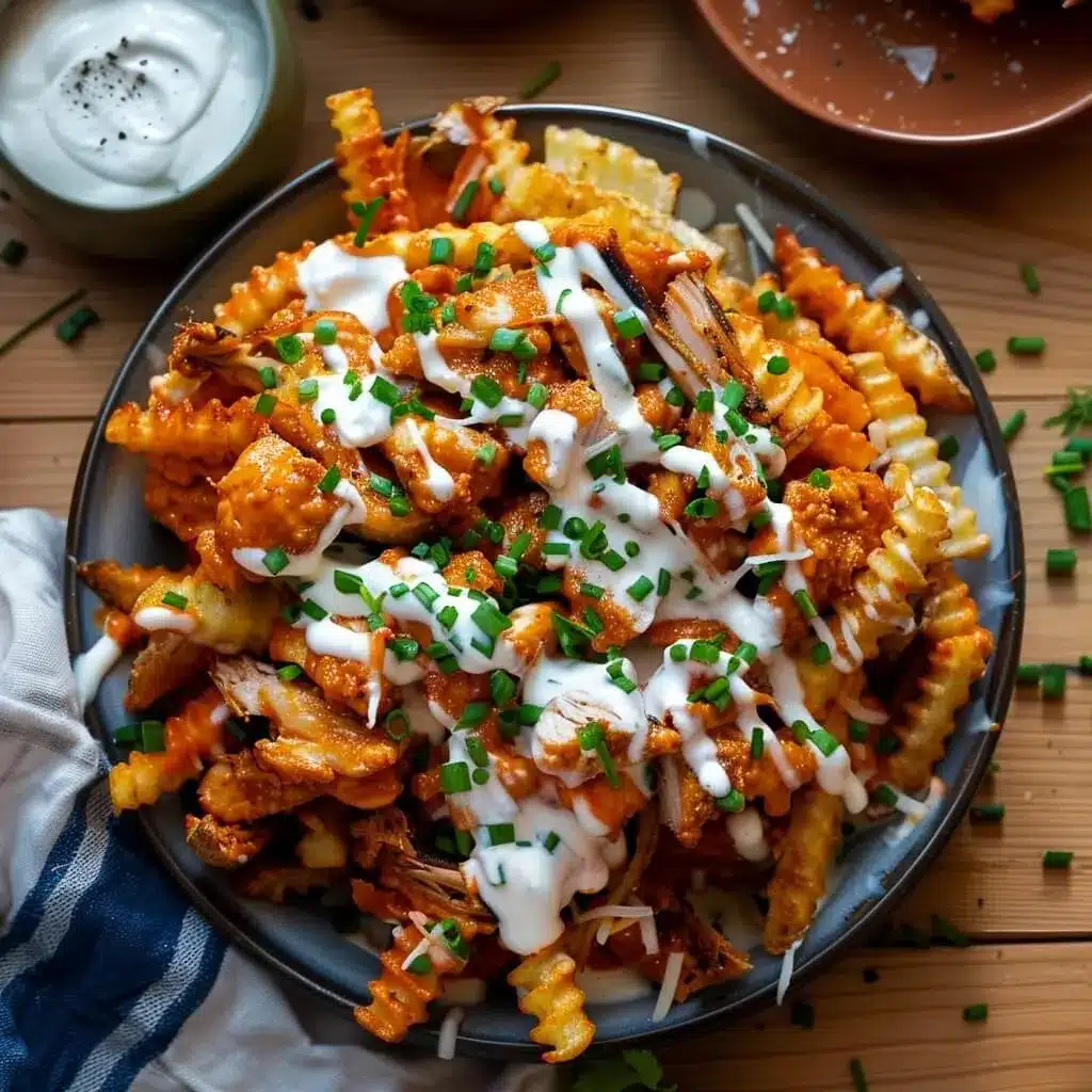 These buffalo chicken fries are fully loaded with spicy chicken, creamy ranch, and fresh herbs. Loaded buffalo chicken fries topped with ranch dressing, shredded chicken, and chives
