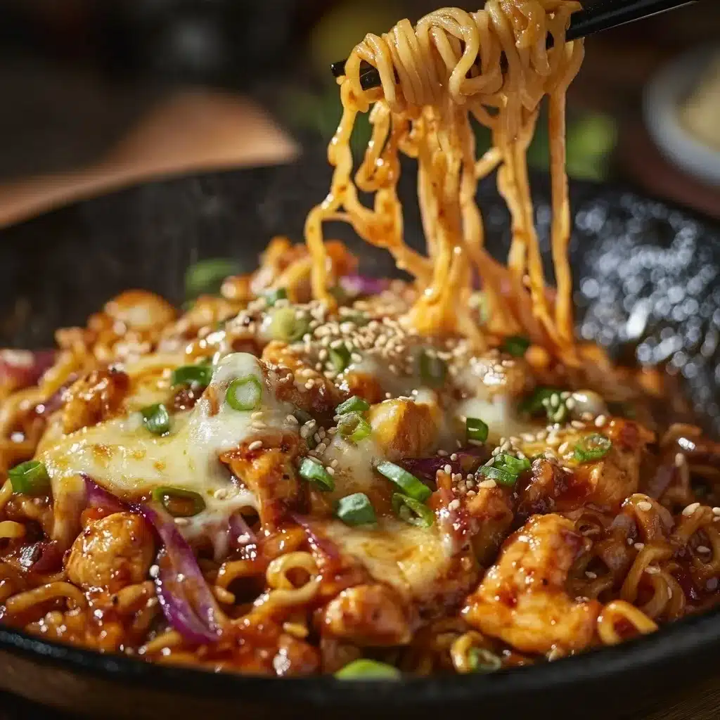 Korean buldak chicken stir fry with cheese and ramen