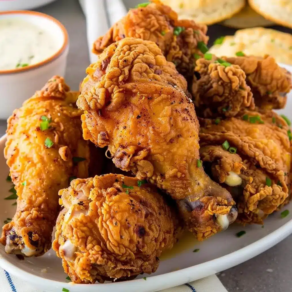 Juicy, spicy Cajun fried chicken served with ranch and sprinkled with fresh chives. Cajun fried chicken drumsticks served on a plate with herbs and ranch dip