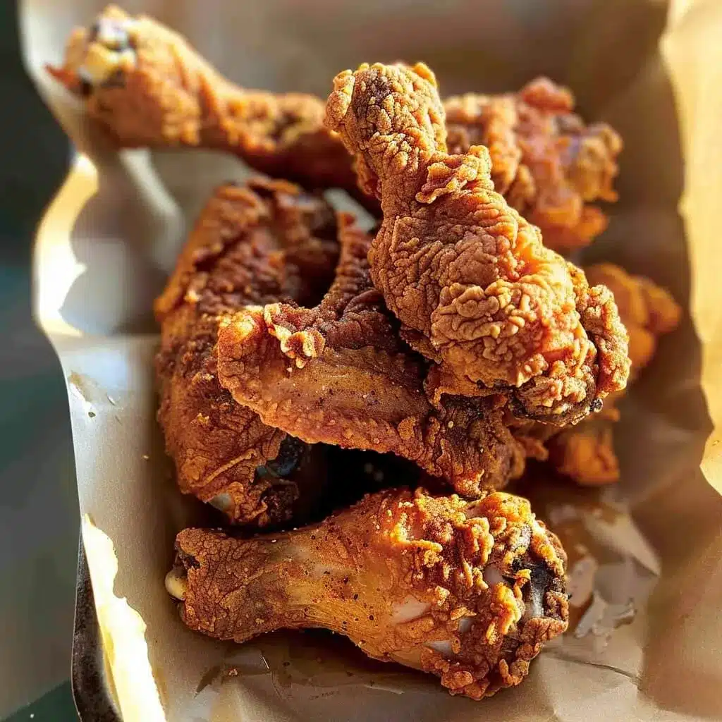 Southern-style Cajun fried chicken—deep golden, ultra crispy, and packed with bold seasoning. Crispy Cajun fried chicken drumsticks in a takeout tray with golden brown coating