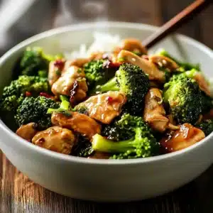 chicken and broccoli stir fry healthy served in a bowl with steam