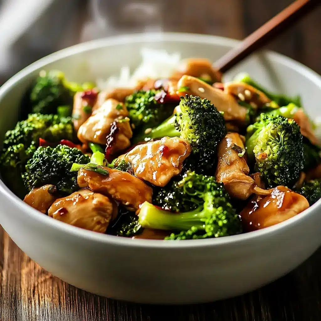 chicken and broccoli stir fry healthy served in a bowl with steam