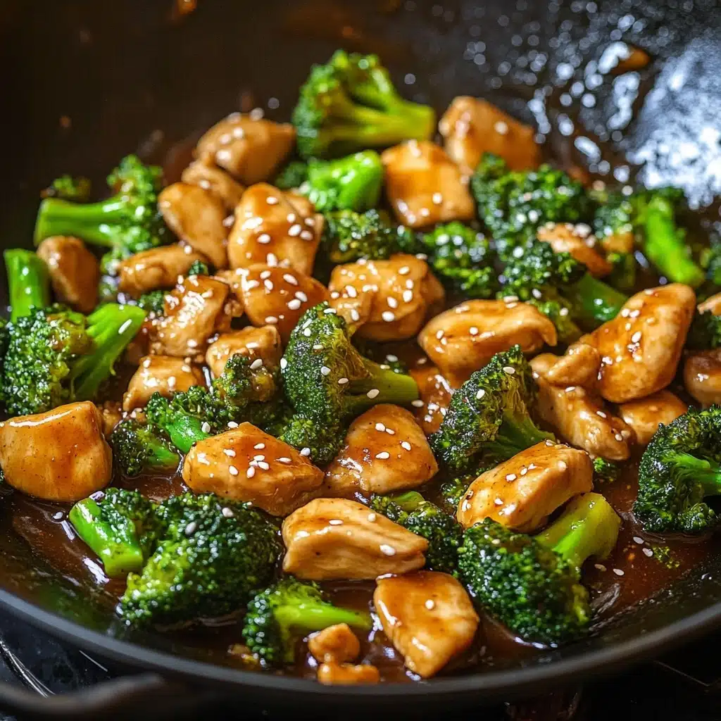 chicken and broccoli stir fry sizzling in wok