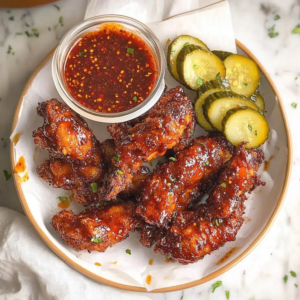 These crispy hot honey chicken tenders are coated in a sticky-sweet glaze and perfectly paired with tangy pickles for the ultimate comfort food. Crispy Hot Honey Chicken Tenders served with spicy honey glaze, pickles, and dipping sauce