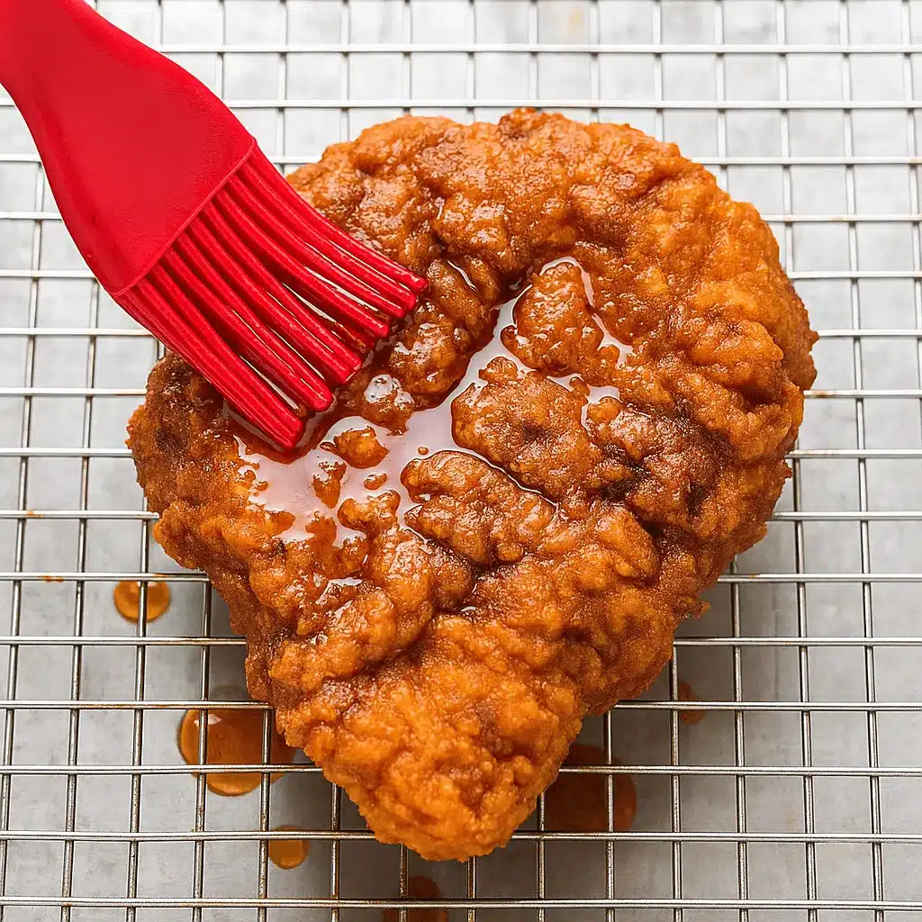 The secret to that iconic Nashville heat? A spicy, buttery oil brushed over freshly fried chicken. Hot fried chicken breast being brushed with spicy oil glaze for Nashville hot chicken sandwich